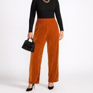 Slinky Brand Rust Orange Liquid Knit Wide Leg Pants Womens L Stretch Pull On USA